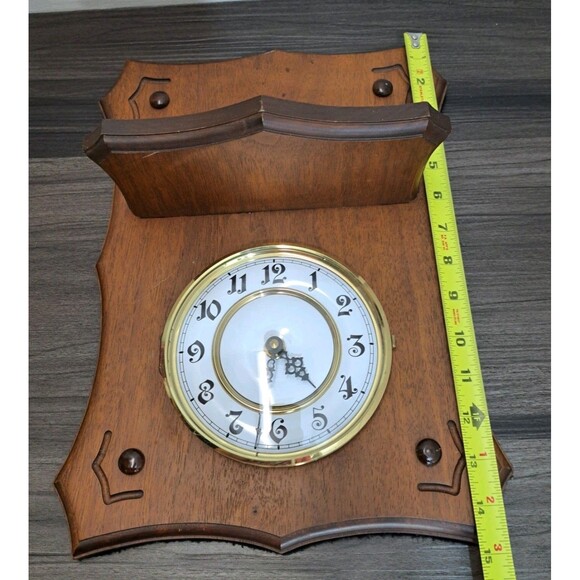 Vintage Quartz Wall Clock, Brown & Gold Wooden Wall Clock With Shelf 15"X11" - Picture 3 of 6
